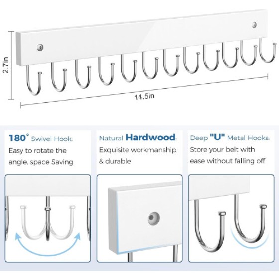 Wall-mounted wooden belt rack, 2-pack, holds 24 belts, 180° swivel, white.